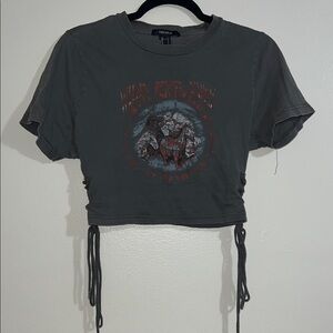 Gray Graphic Crop Top with Drawstrings
